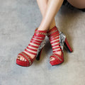 Fish mouth Roman block heel high-top shoes in snake skin, available in black, red, and white colours