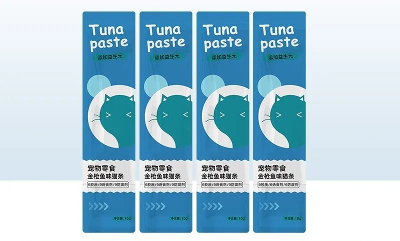 Cat strip snacks for kittens in childhood stage with four flavour varieties including chicken catgrass and tuna prebiotics