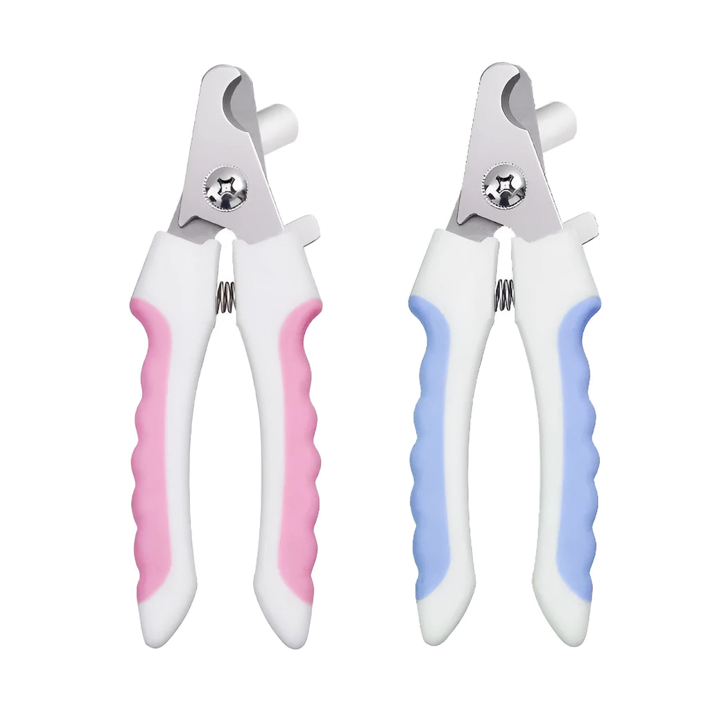 Pet nail clippers with stainless steel sharp blades for dogs cats and rabbits half-moon design one-step cut transparent baffle free nail file L M S in Blue Pink