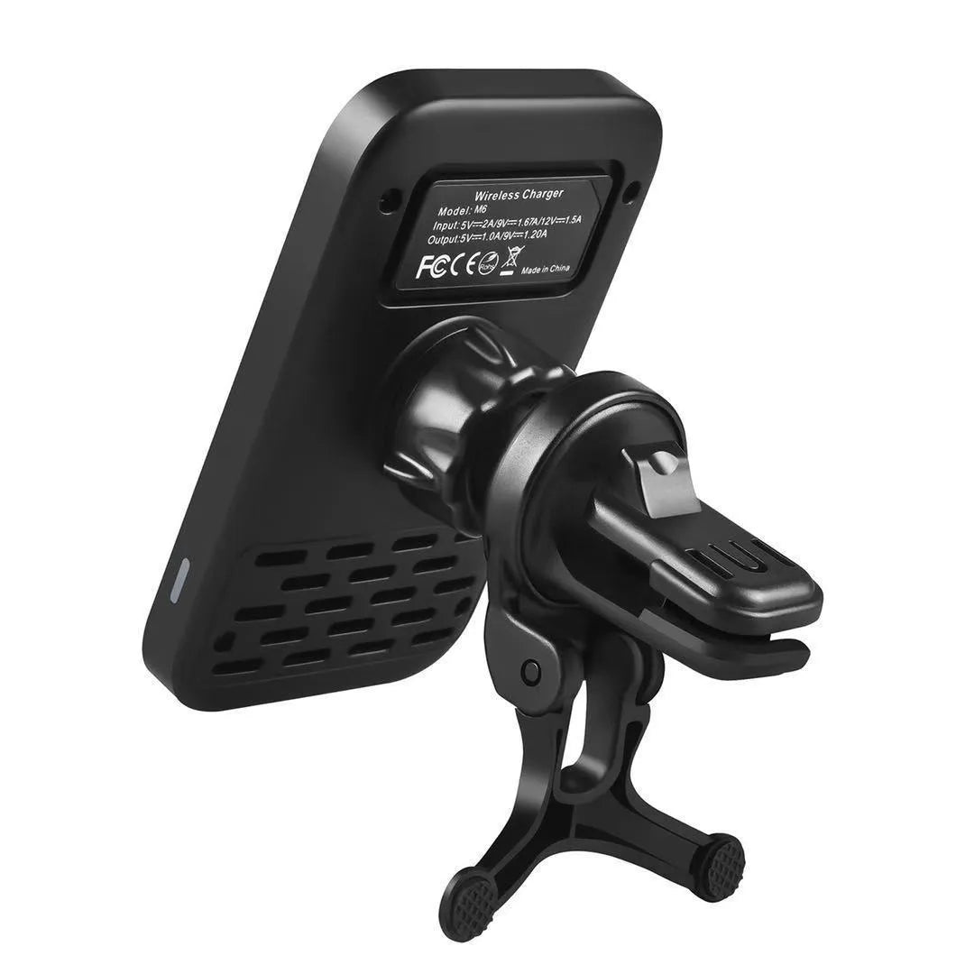 Black M6 magnetic wireless car charger with flexible gooseneck arm mounted on a car air vent, charging an iPhone.