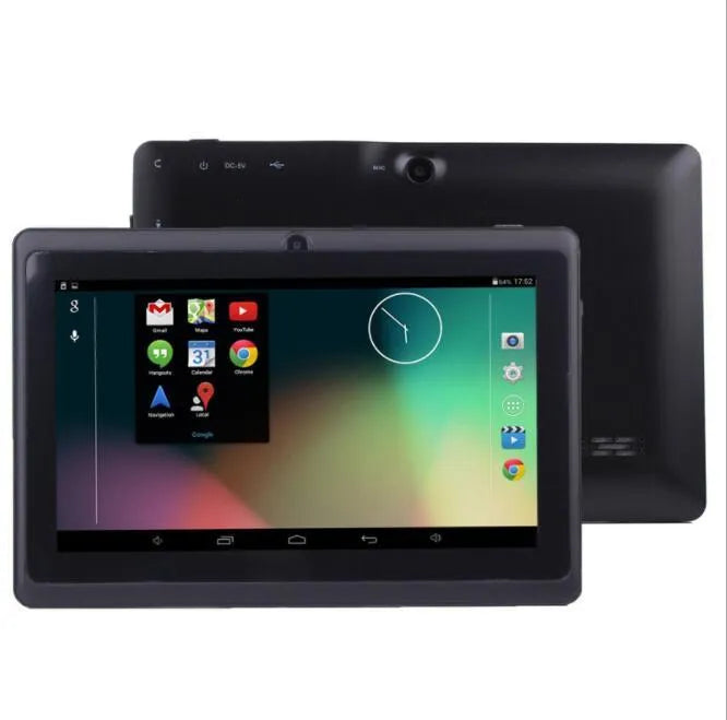 7-inch Android tablet in plastic body, 20.0 cm x 10.0 cm x 5.0 cm, with Wi-Fi, Bluetooth, dual camera, and eight colour options