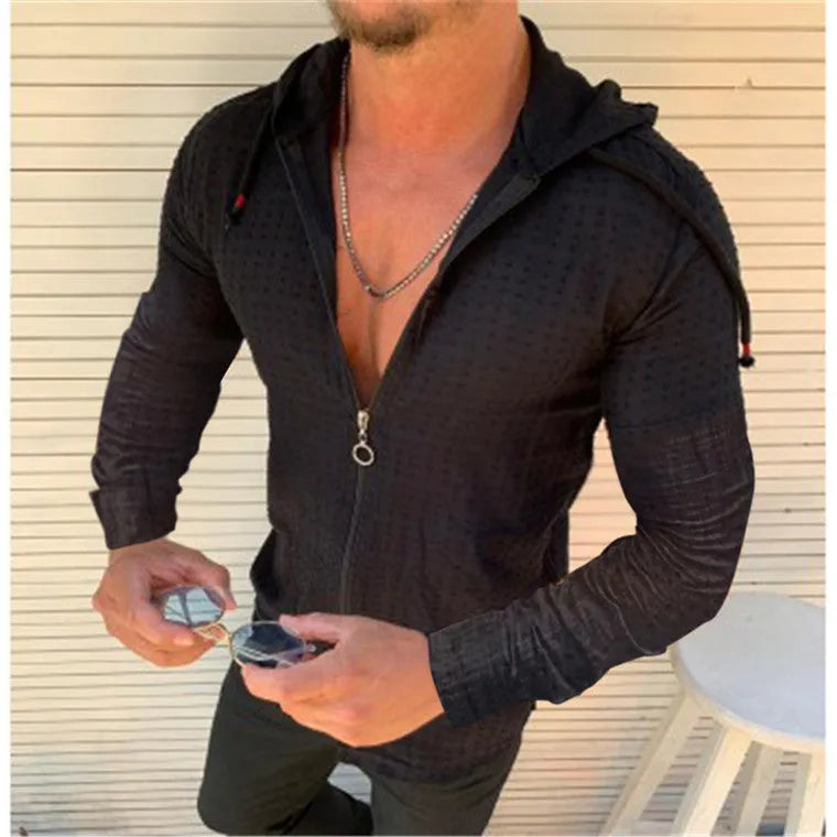 Long sleeve slim hooded T-shirt in check pattern, Black colour option, front view