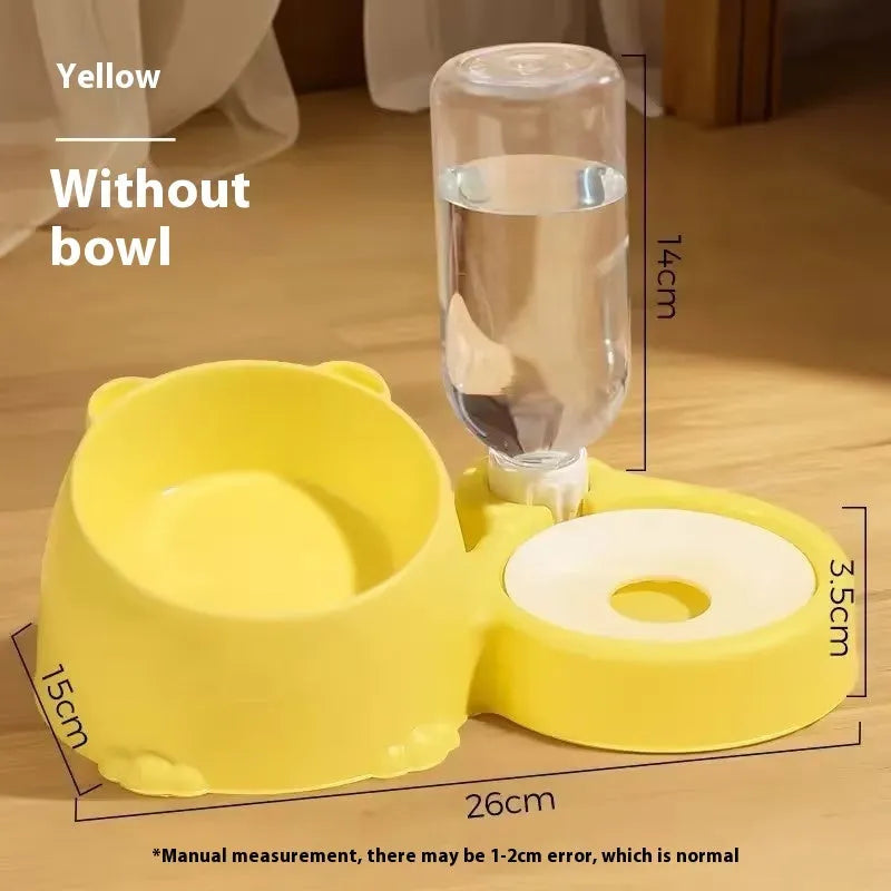 Haze blue plastic automatic pet waterer and food bowl with two compartments and a large water reservoir at the back.