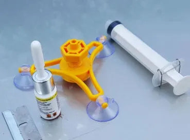 Car windscreen repair kit with vacuum air removal, injection sealing head, and repair fluid, 22x11x3cm plastic and rubber tool set