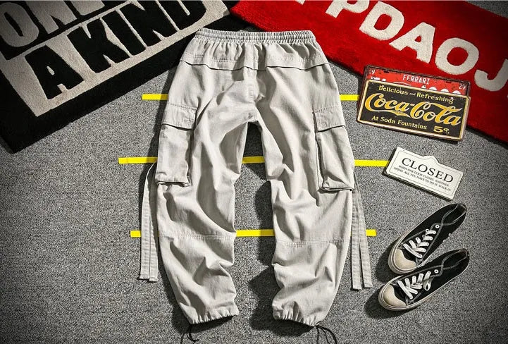 Ribbon Cargo Pants with elasticated waistband and pockets in Black, Gray, and Red colour options