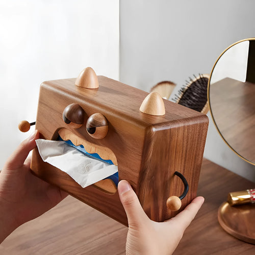 Cartoon little monster design wooden tissue box in walnut beech colour
