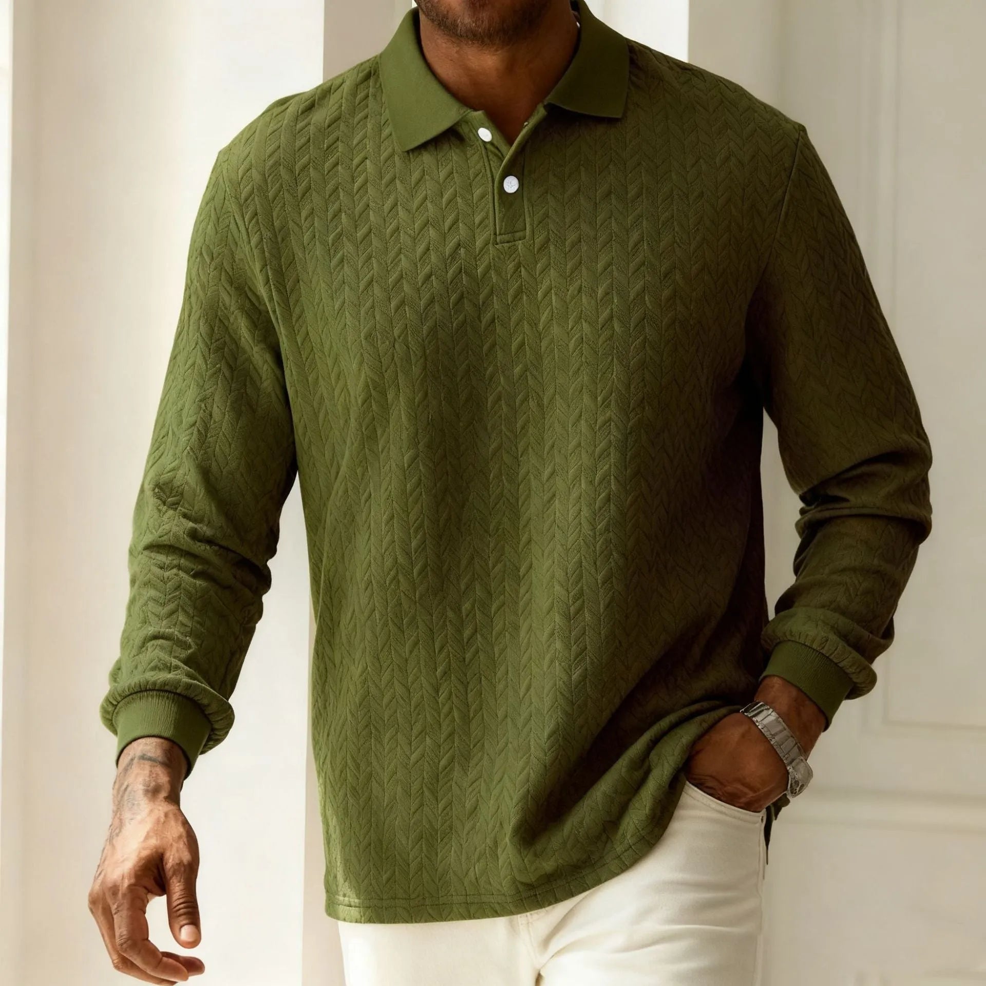 Men's solid colour lapel button-front long sleeve top in army green, front view