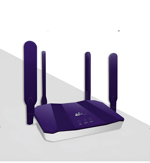 Blue 4G dual-mode wireless router with four external antennas on a desk.