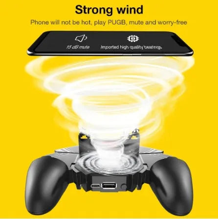 AK77 black mobile phone game handle with physical triggers, heat sink power supply and rotating lever for PUBG gaming