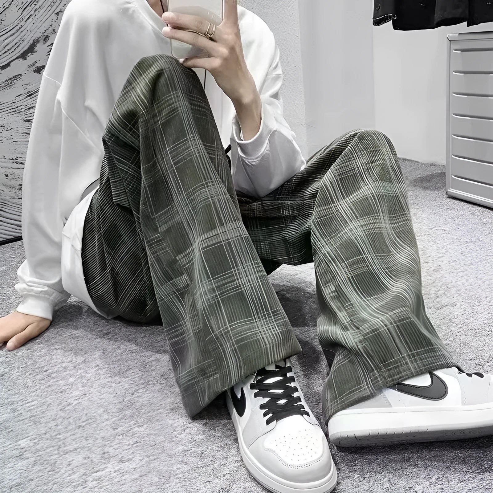 Men's black and green plaid loose fit straight leg casual trousers