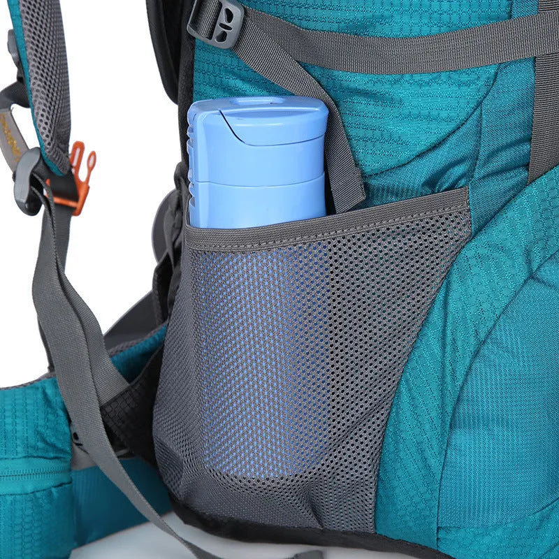 Large nylon backpack 56-75L with zip opening, inner zip pocket and soft-surface construction in blue black.