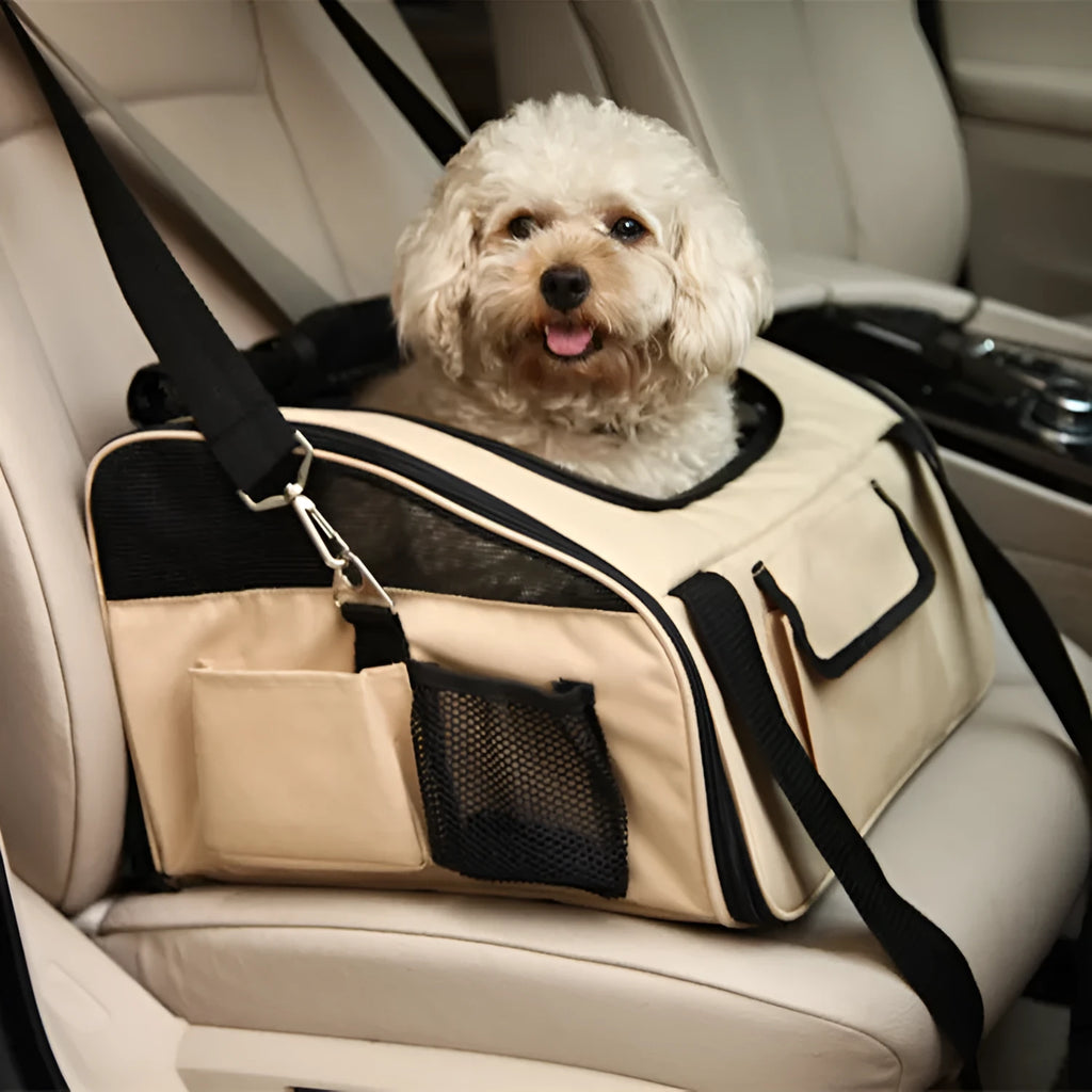 Pet car seat bag in almond colour with quilted fabric and mesh panels on car passenger seat