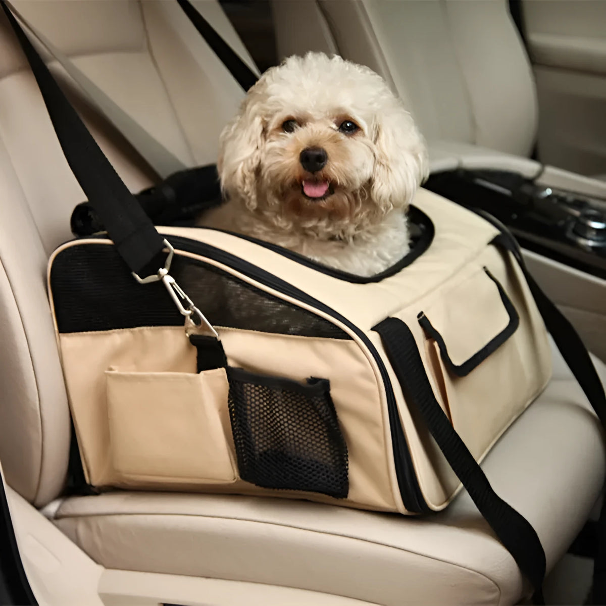 Pet car seat bag in almond colour with quilted fabric and mesh panels on car passenger seat