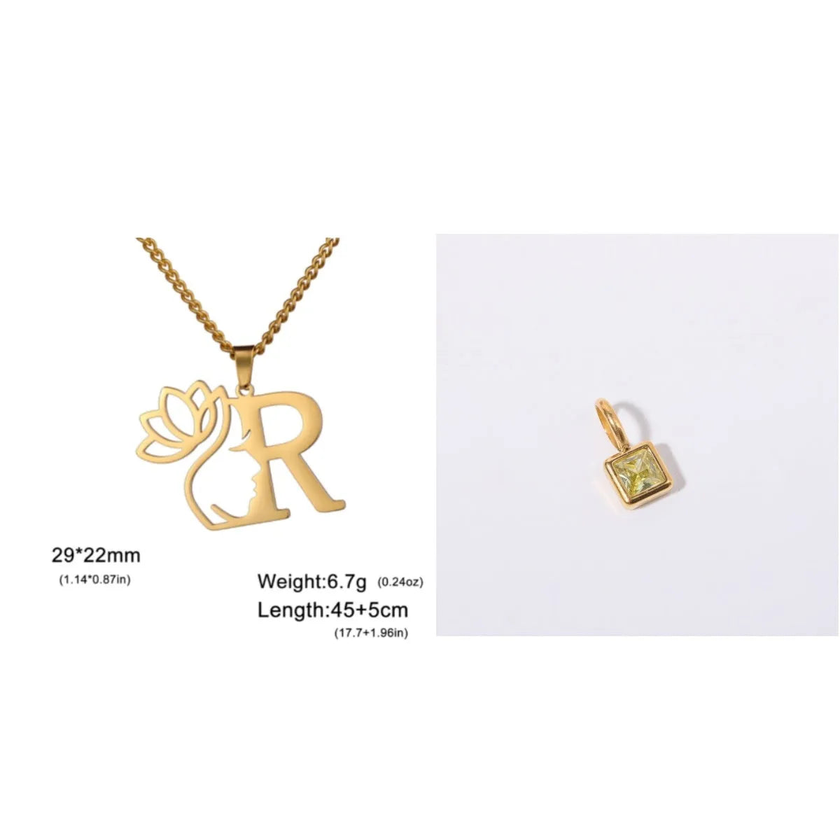 Stainless steel cross chain necklace with letter pendant in gold or silver electroplated finish