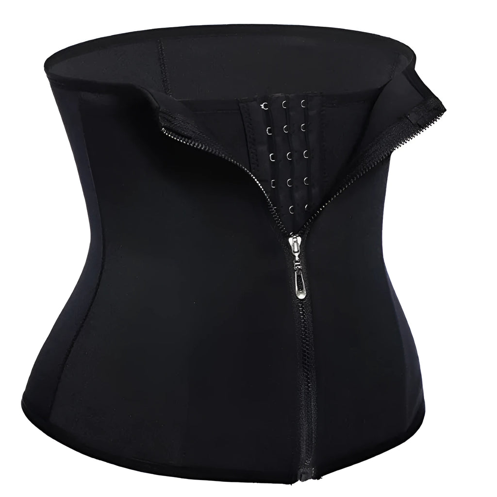 Black zipped neoprene corset body shaper with three-breasted belt and buckle for waist and hip shaping