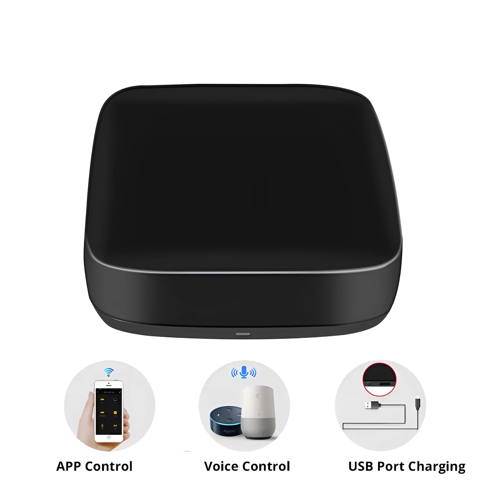 Black universal infrared remote control with voice command and WiFi functionality