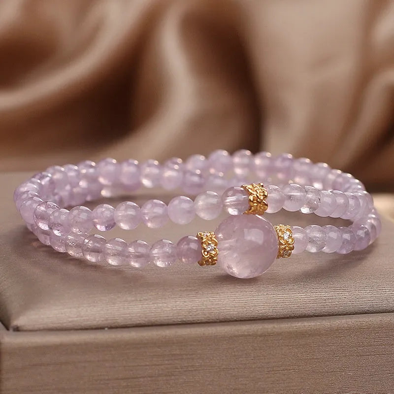 Natural amethyst double ring bracelet in light purple with crystal base, women's style