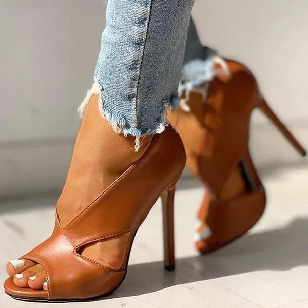 Women's high heel thin heel sandals, fish mouth toe, open side, artificial PU upper, rubber sole, black or brown
