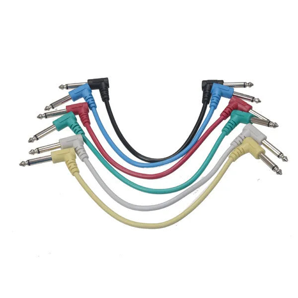 Set of six coloured electric guitar effector cables for effects pedals and audio connections