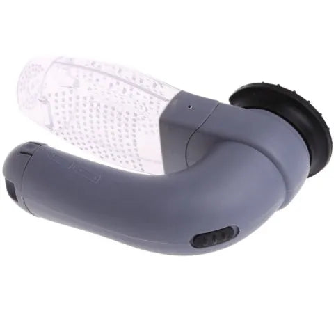 Grey portable pet hair vacuum cleaner with soft rubber head for grooming dogs and cats.