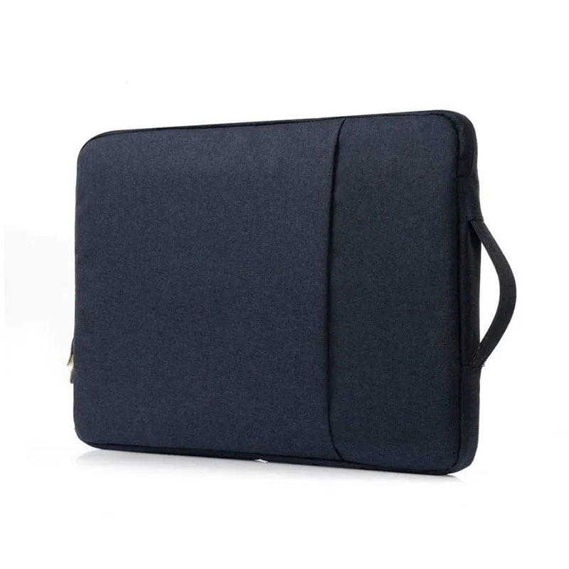 Grey canvas protective sleeve case for an iPad Pro 12.9 tablet on a wooden table.