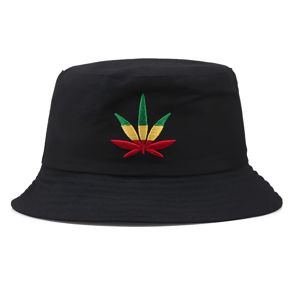Black cotton twill fisherman hat with embroidered cartoon pattern, flat top and short brim, free size 56-58cm