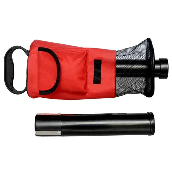 Red detachable portable pick up retriever with nylon zipper bag and plastic handle on grass, holding golf balls