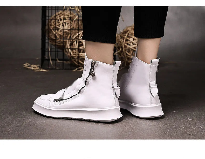 Black and white microfiber men's high-top ankle boots shown with a UK size chart.