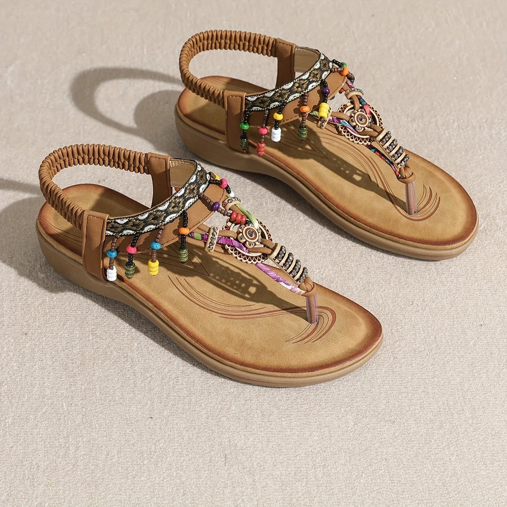 Bohemian ethnic style flat sandals with rhinestone pendant, PU upper, TPR sole, caramel black milky white, sizes 36-43