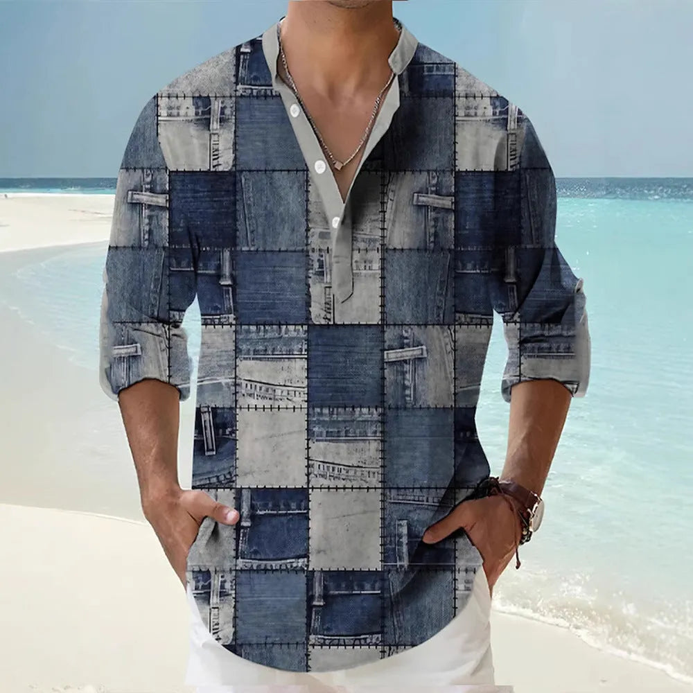 Men's long sleeve casual shirt with Hawaiian-inspired digital stripe print on thin polyester fabric.