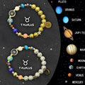 Natural stone bead zodiac bracelets for twelve astrological signs with adjustable cord.