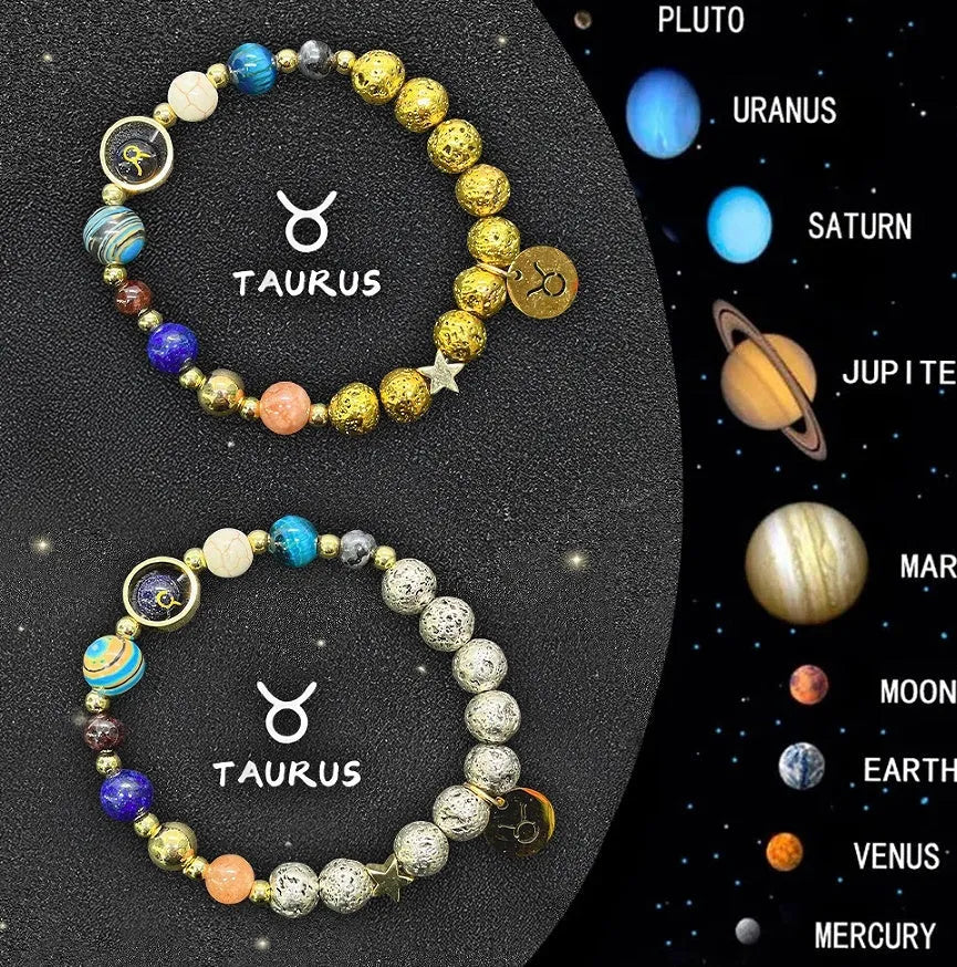 Natural stone bead zodiac bracelets for twelve astrological signs with adjustable cord.