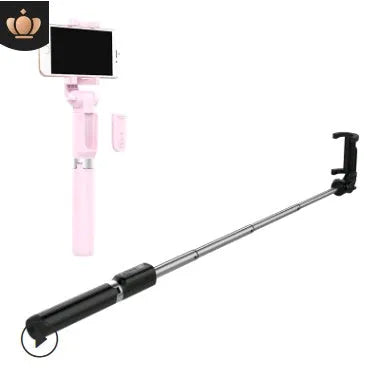 Black Bluetooth selfie stick with extended tripod legs holding a smartphone
