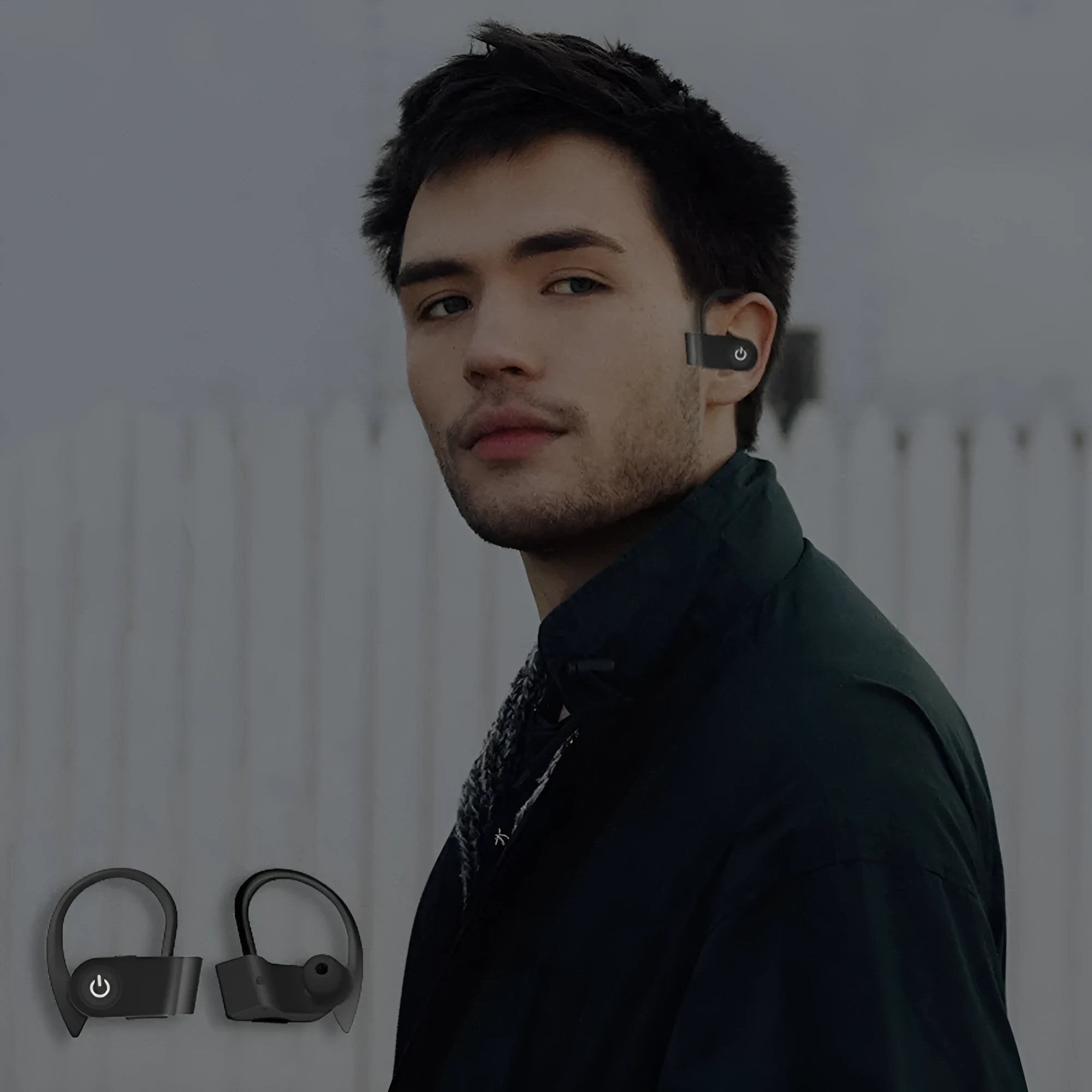 Black wireless V5.0 Bluetooth earphones with ergonomic silicone earpieces and charging case.