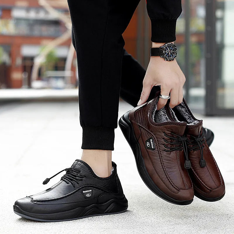 Men's leather shoe covers with two-layer cowhide upper, rubber sole, elastic band, black or brown, sizes 39-46