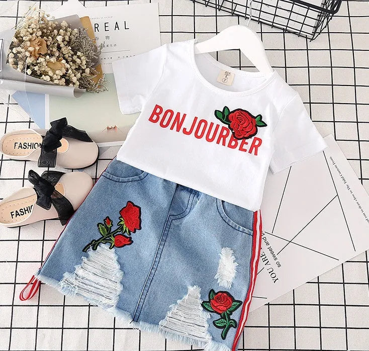 Girls 2 piece outfit with white t-shirt and denim skirt, black or red letters, sizes 100cm to 140cm