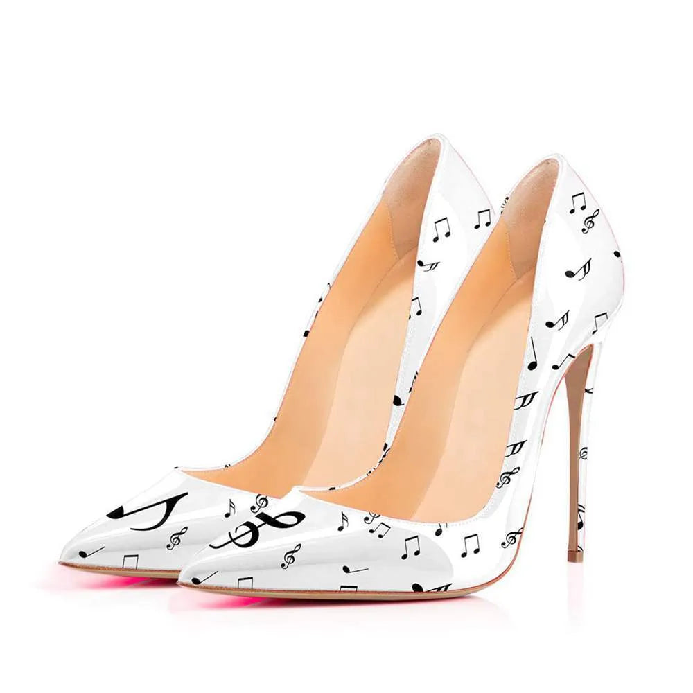 Women's high heels with graffiti pattern, super high heel above 8cm, black artificial PU upper