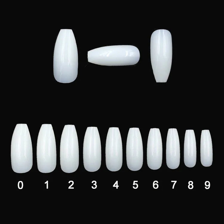 500 clear natural acrylic false nails in various sizes on a white background.