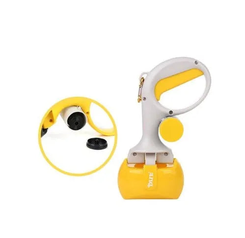 Yellow 2 in 1 portable pet toilet picker made from ABS plastic with curved hand grip and tooth-shaped notches on a white background