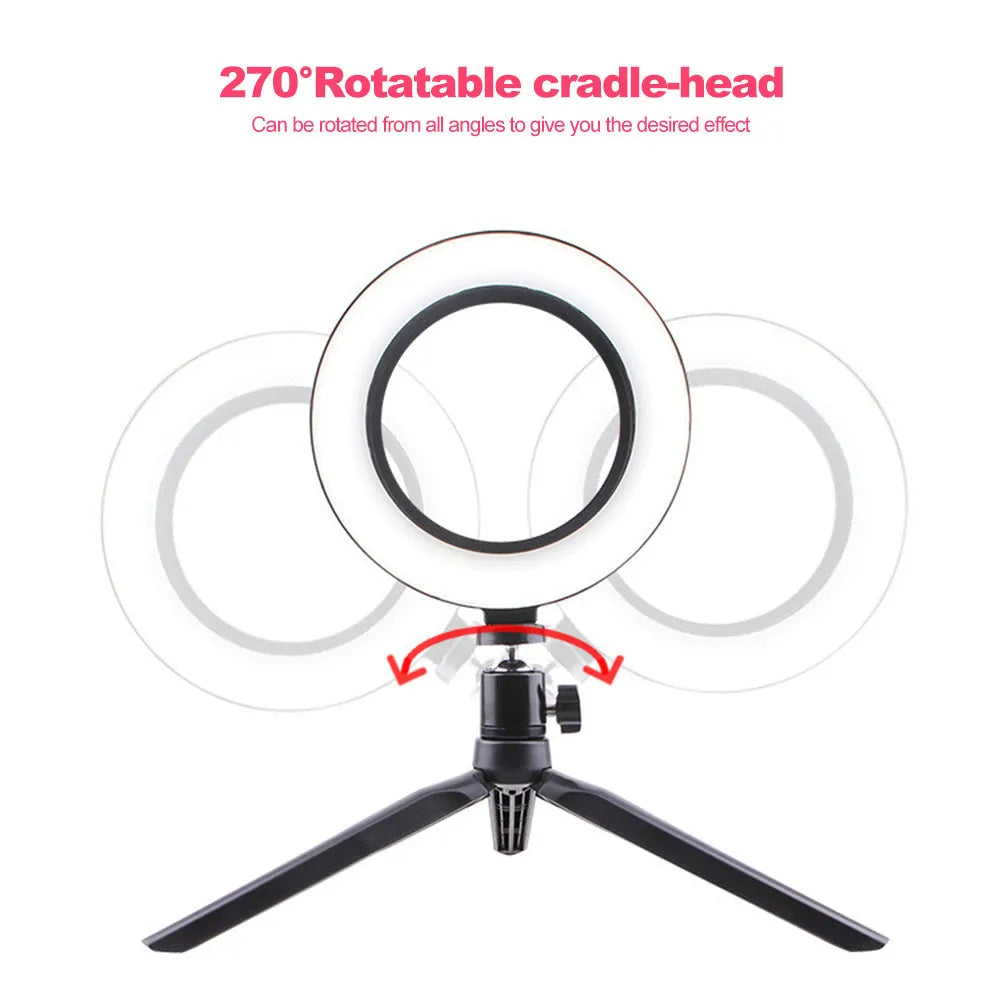 26cm LED ring light on tripod stand with phone clip and Bluetooth remote for smartphone desktop use