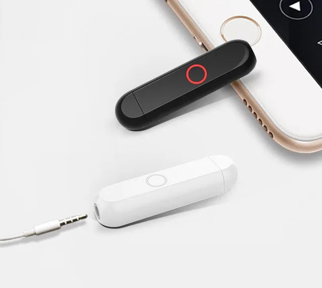 A1 Bluetooth audio receiver with 3.5mm plug in black, blue, orange, or white colours, shown with wearing style options.