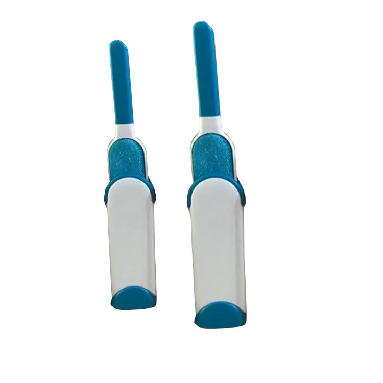 Blue reusable pet hair removal comb with double-sided lint brush and self-cleaning base