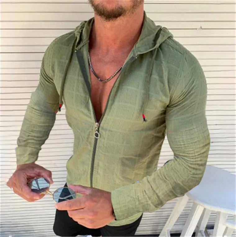 Long sleeve slim hooded T-shirt in check pattern, Black colour option, front view
