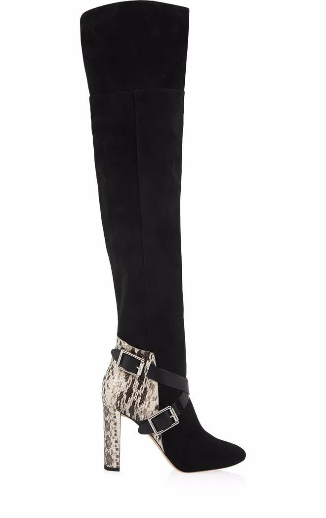 Black suede women's fashion boots with round toe, thick heel, rubber sole, and 8cm or more heel height.