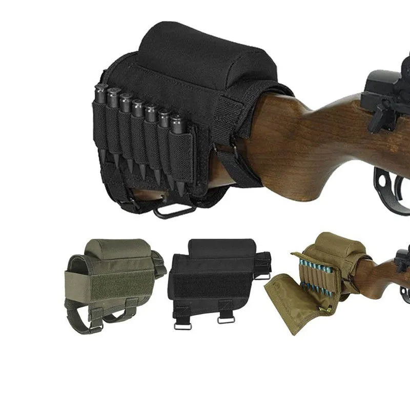 Tactical cheek rest with black nylon surface, hook and loop straps, and removable ammo carrier attached to a rifle stock