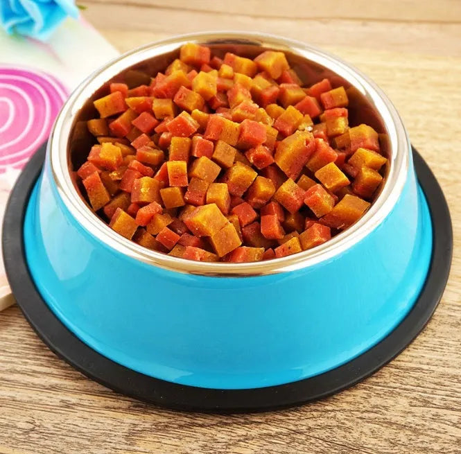 Stainless steel and colourful melamine dual-piece pet bowl with non-slip rubber base.