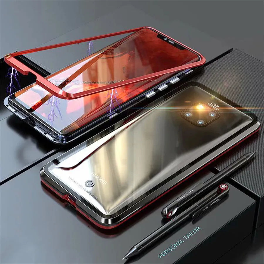 Magnetic metal phone case with tempered glass back for Huawei smartphones showing magnetic attachment points