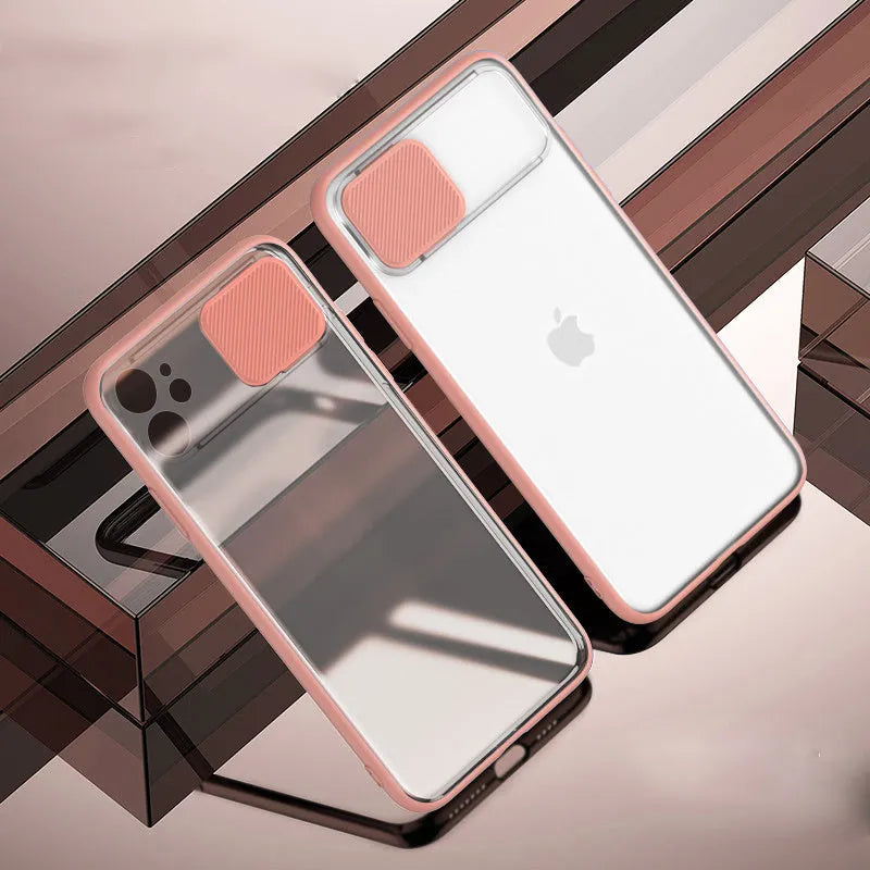 Lens sliding iPhone case in colour contrast design, showing black, green, pink, purple, and red options
