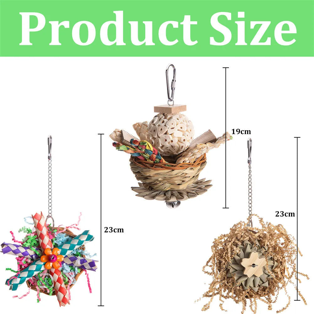 Natural wooden bird chew toy with cotton rope elements for parrots and small birds