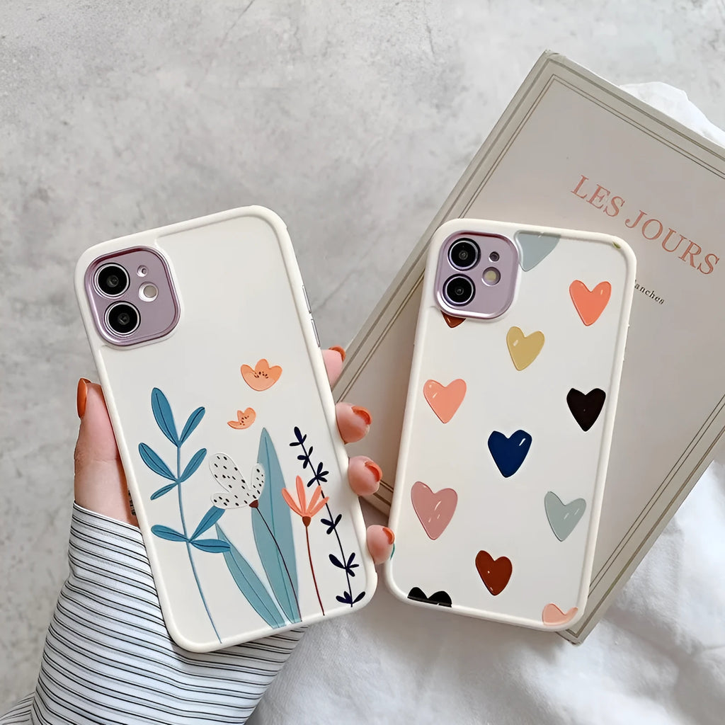 Heart electroplated lens iPhone case with painted Nordic design, TPU back cover, multiple coloured loving heart pattern